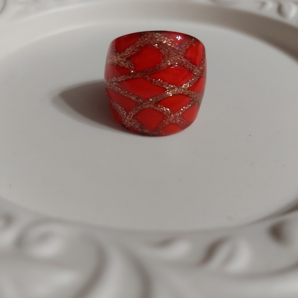 Murano Glass Red & Gold Lattice Ring Size 8